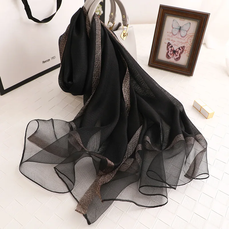 

New Korean Style Pure Color Silk Acrylic Shawl Women's Long Scarf Gold Sequined Ins Scarf Autumn Sunscreen Scarf Chiffon Scarf