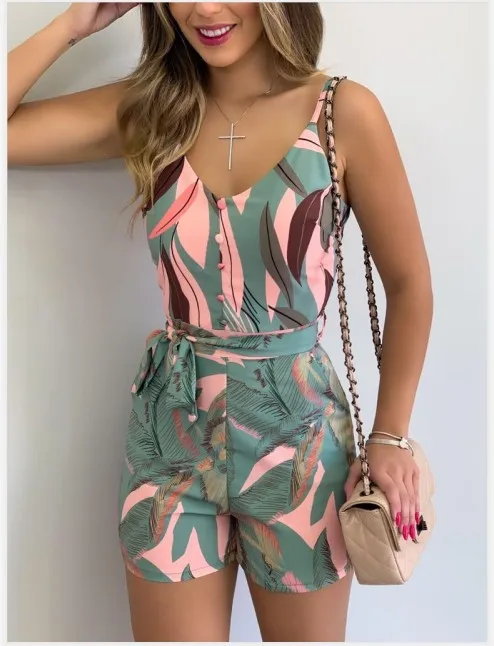 

2021 new style V-neck suspender fashion leaf print tie jumpsuit