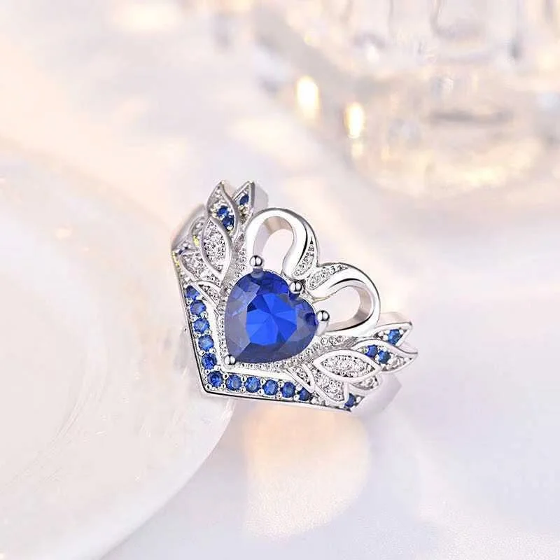 

Popular Luxury Jewelry Red Crown Small Swan Red Blue Love Heart Black Crystal Silver Color Female Ring For Women Party Jewelry