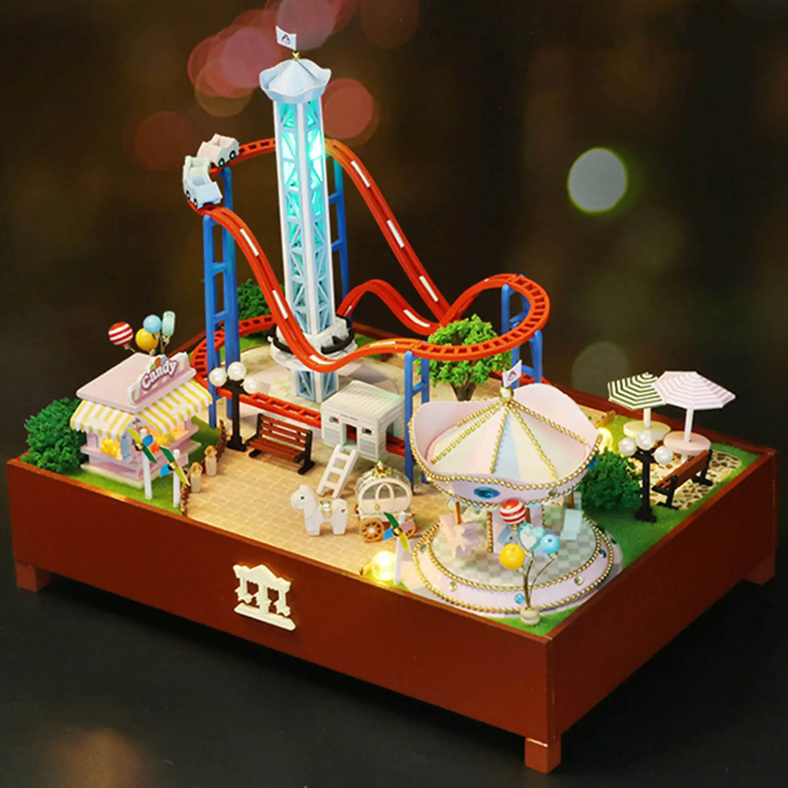 

Amusement Park Toy with LED Lights Need 2 AAA Batteries Equipped with Battery Switch Building Blocks for Improving Creativity