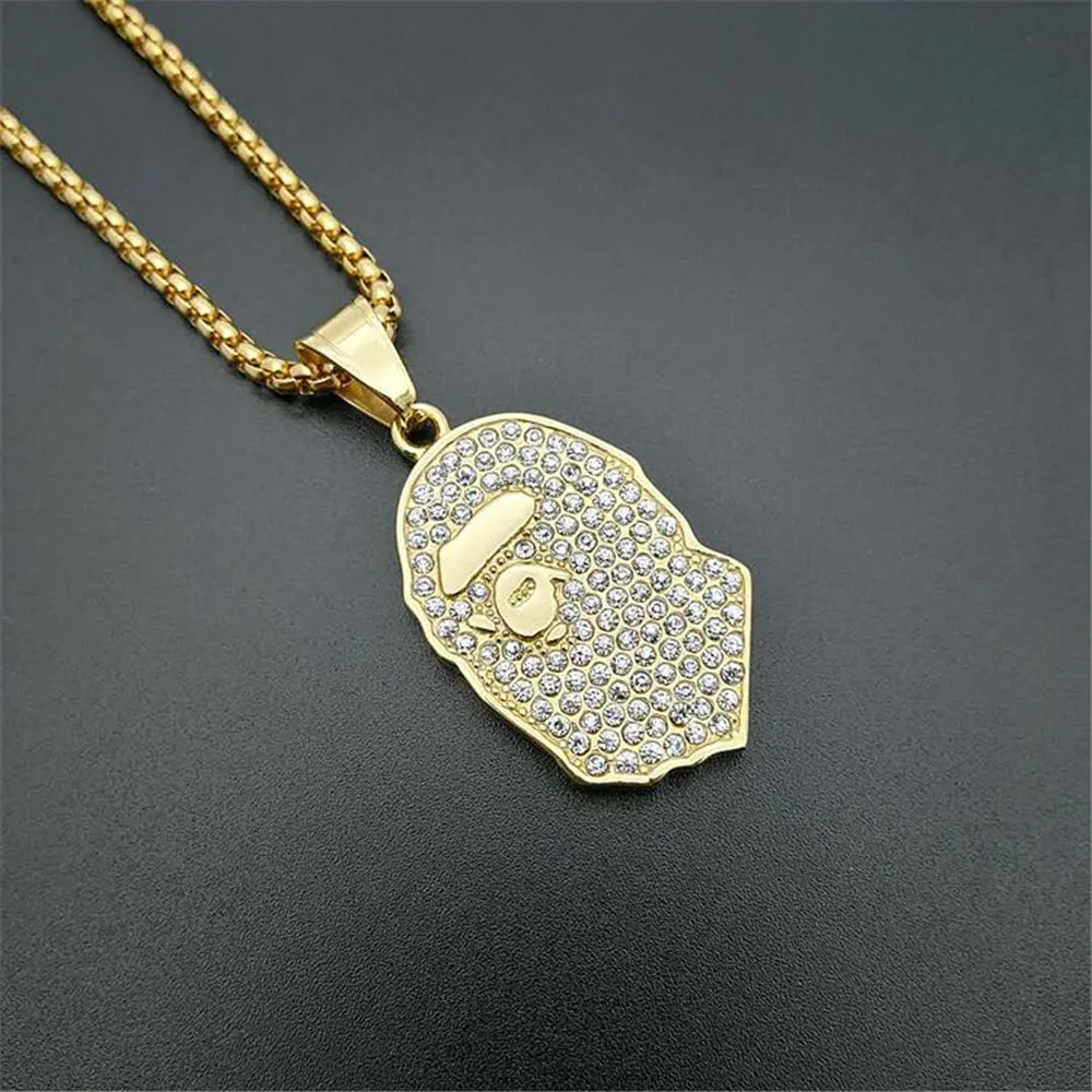 

Hip Hop Iced Out Ape Man Pendant Necklaces Gold/Silver Color Stainless Steel Chain For Men Women Street Jewelry Dropshipping