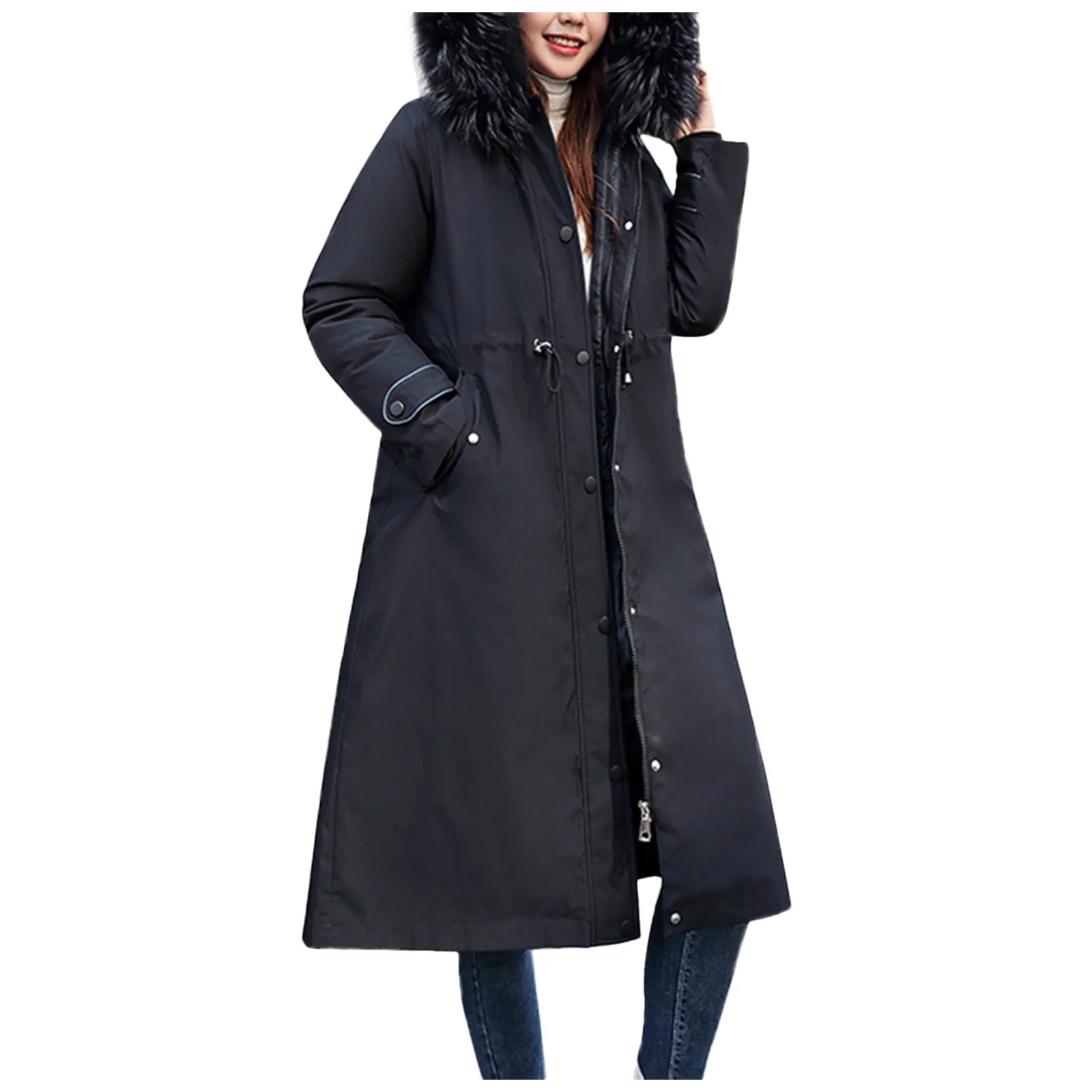 

Women's Solid Color Long Coat Lightweight Long-sleeve Full-zip Water-resistant Packable Hooded Jacket Coat With Fur-collar #H