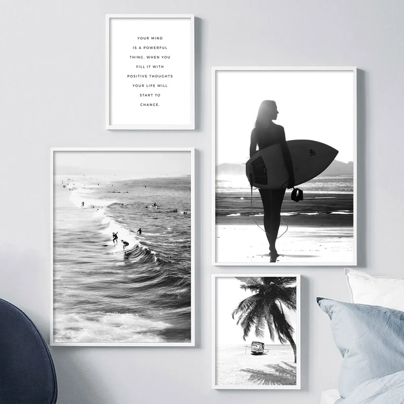 

Poster Black And White Wall Art Prints Seascape Canvas Picture Sea Surfing Home Decor Palm Tree Wall Art Picture for Bedroom