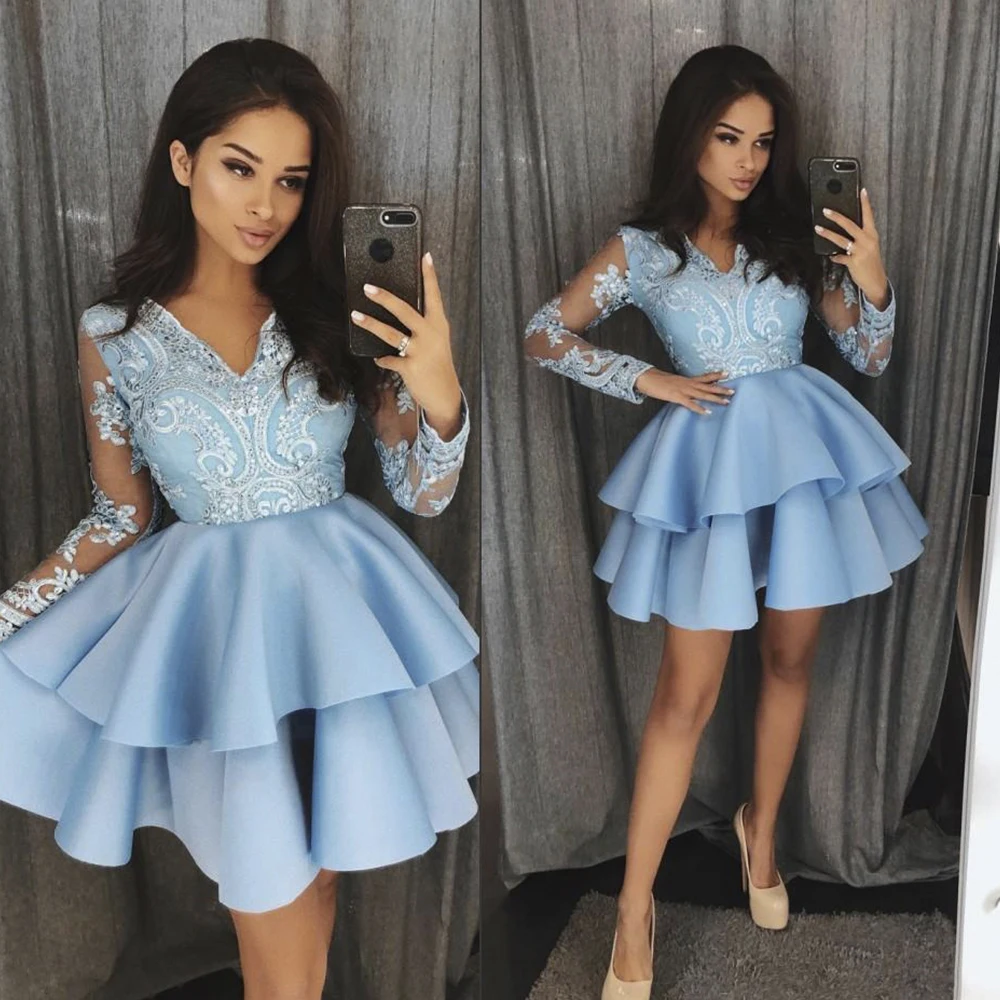 

Blue Cocktail Dress V-Neck Long Sleeve Homecoming Dresses Ruched Tiered Lace Applique Back Zipper Short Prom Dress vestidos