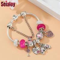 seialoy pink love heart charm bracelets for women snowman gloves heart lock key beaded crystal beads bracelet 2021 xmas gifts