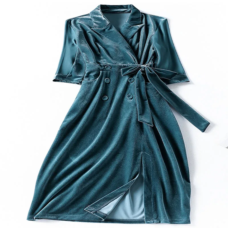

2020 Autumn New Ladies Dress Suit Collar Three Quarter Sleeve Long Split Hip Wrap Skirt Slim Fit Velvet Temperament Sexy