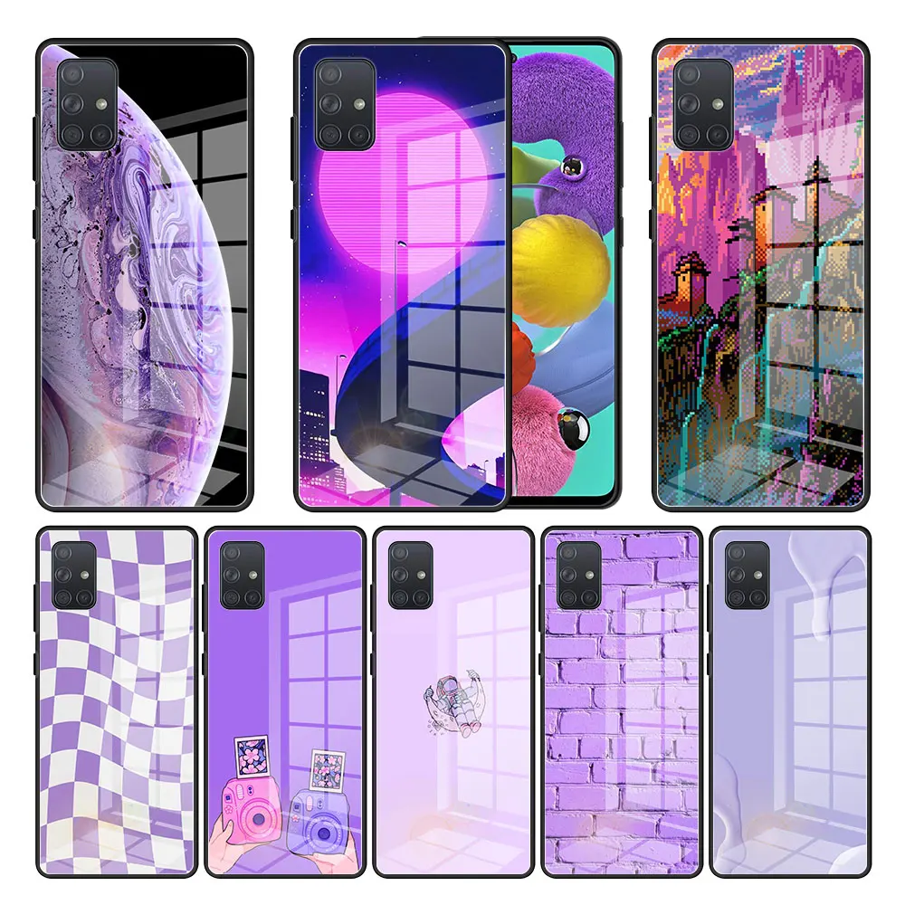 

Purple Background Pattern Glass Phone Case For Samsung Galaxy A51 A50 A70 A71 A21s A31 A91 A52 A30 A10 A41 A72 Cover Bag