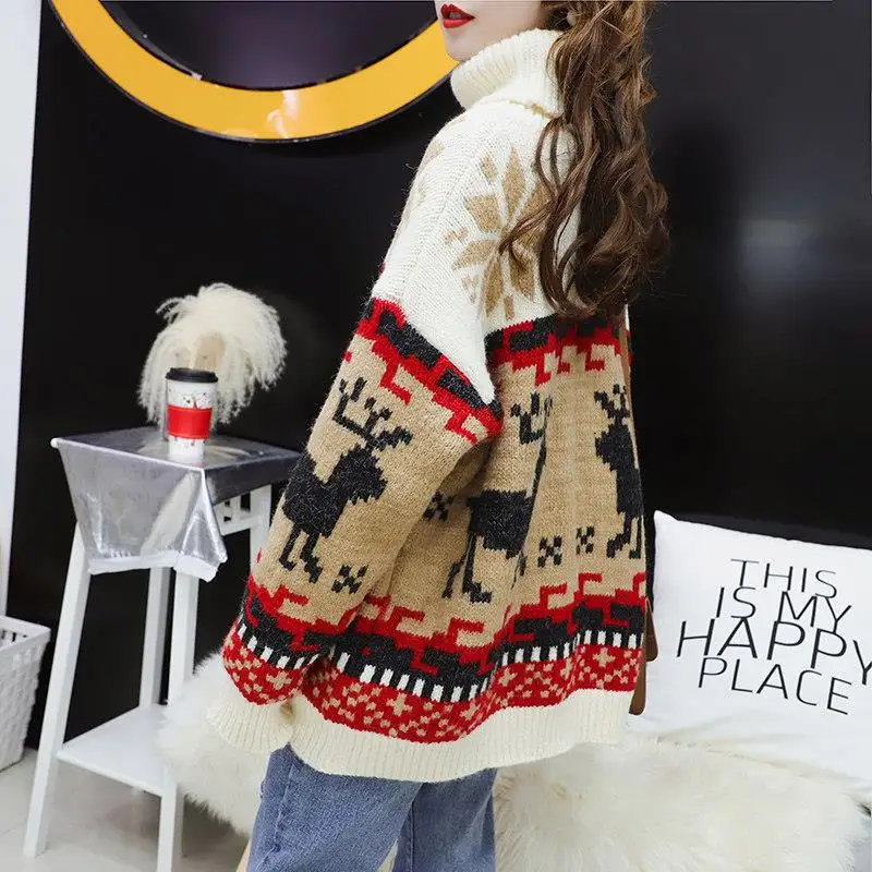 

Women's turtleneck loose blanket christmas snowflake thick lazy style