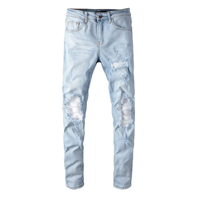 

New Desgin Blue Denim Ripped Diamond Jeans Skinny Pants With Heavy Distressed For Men