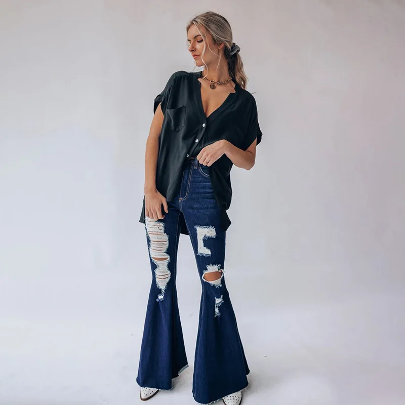 

Новые женские повседневные модные джинсы со средней посадкой, темно-синие потертые расклешенные брюки, хлопковые джинсы стрейч ручной рабо...