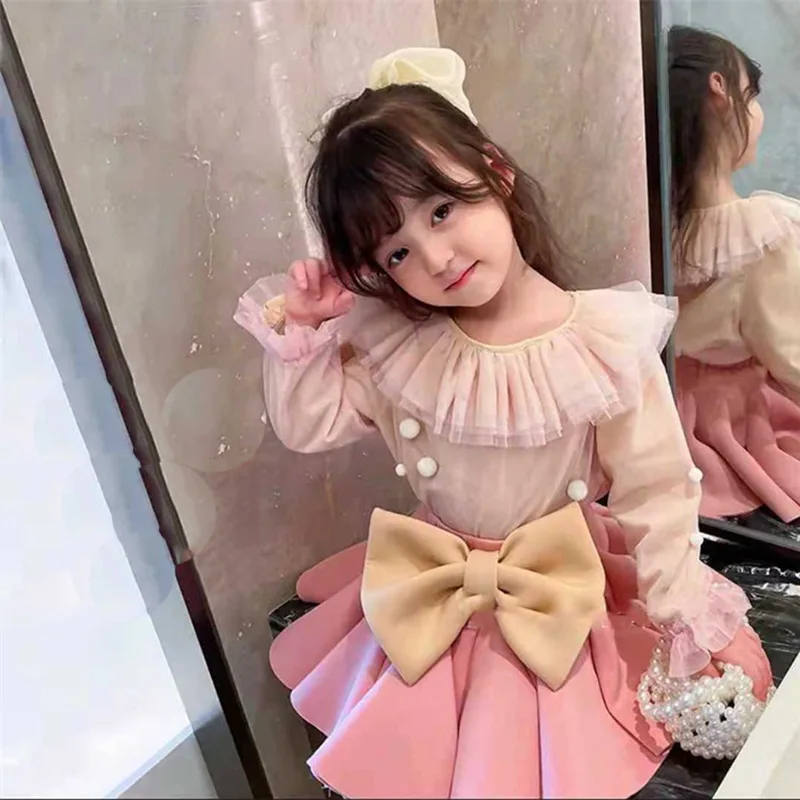 

Girls' Suit 2022 Autumn Girls Pink Net Yarn Baby Shirt Bow Pleated Skirt Set Princess Dress Two-Piece Suit