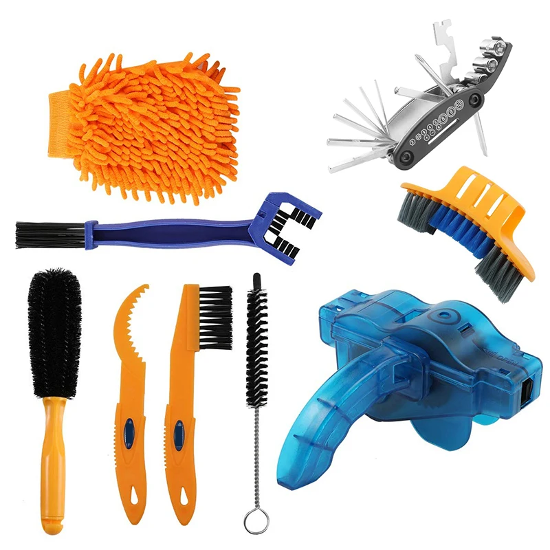 

Bike Chain Cleaner Cycling Cleaning Kit Clean Machine Brushes 9In1 Bicycle Brush Maintenance Tool for Mountain, Road, City, BMX