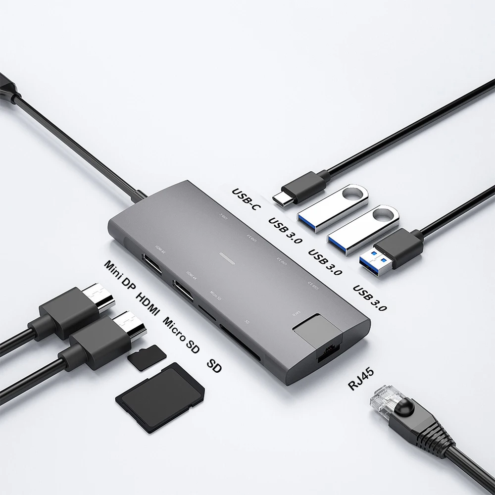

9 in 1 USB C HUB To 4K HDMI Mini DP USB 3.0/2.0 PD Adapter RJ45 For MacBook Pro USB Splitter USB HUB 3 0 For Type C Laptop