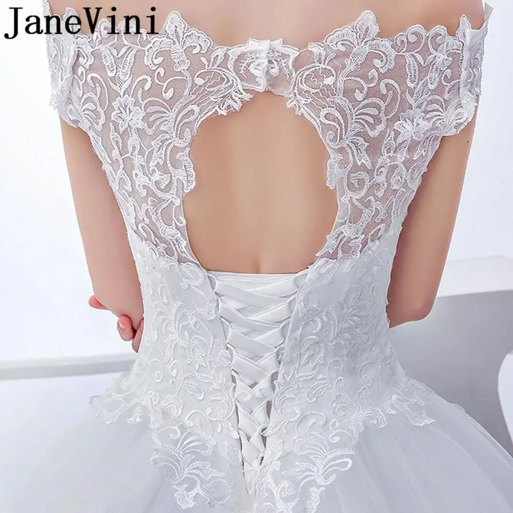 

JaneVini vestido vintage Boho Wedding Dress 2020 White A Line Lace Long Train Plus Size Ivory Tulle Boat Neck Bridal Dresses
