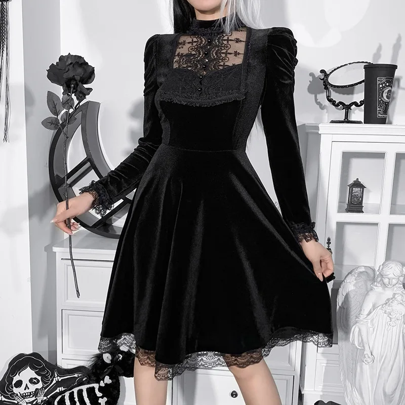 

2021 Vintage Women Black Dress Stand Neck Lantern Sleeve Party Robe High Waist Slim Vestidos Retro Korean Elegant Dresses Women