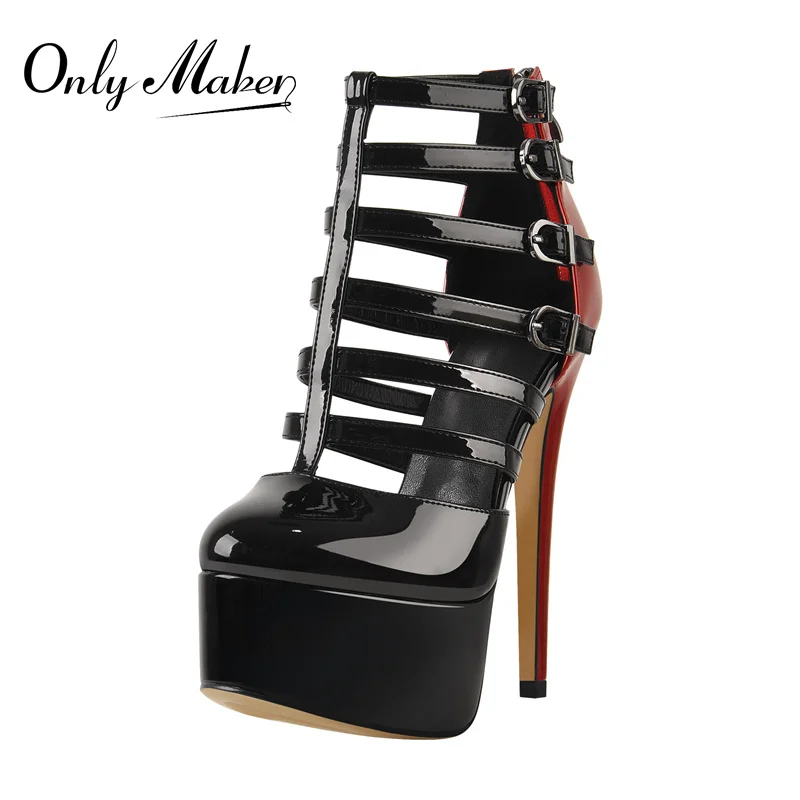 

Onlymaker Summer Women's Platform Pumps Black Red Patent Leather Hollow Narrow Band Buckles Thin High Heel Shoes Zipper Big Size