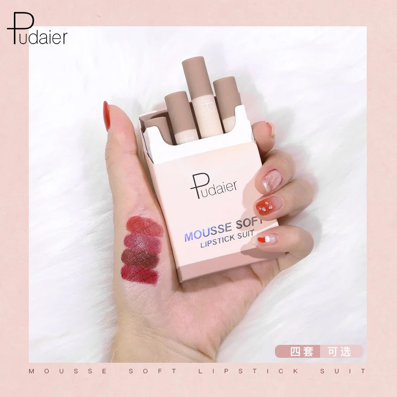 

1Set/4pcs Matte Lipstick Set Makeup Small Smoke Tube Cigarette Shaped Lipstick Matte Soft Moisturize