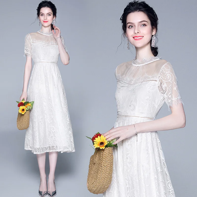 

European Station Summer New Long Skirt Fashion Slimming Lace Stitching Dress
