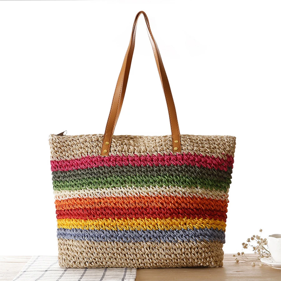 

New Rainbow Color Fashion Handbag Stripe Straw Weave Women's Bag 2021 Summer Beach Handbags Large Capacity Casual Shoulder Bag