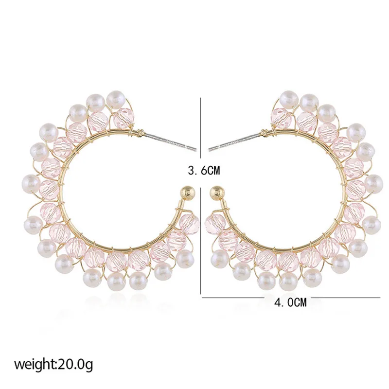 Серьги кольца женские с бусинами из кристаллов плетеные вручную имитация Plearls