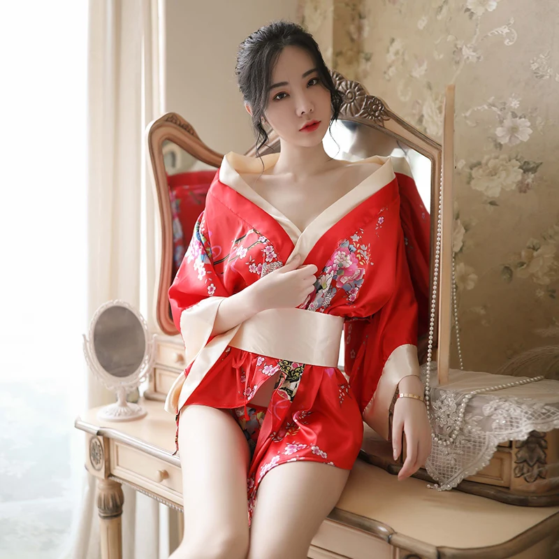 Japanese Kimono Sexy Cosplay Outfit For Women Traditional Style Robe Yukata Costumes Black Red Pajamas Soft Silk Belt Set lovelive love live ayase eli flower kimono yukata dress uniform outfit anime cosplay costumes