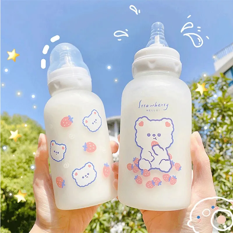 

Cute Cartoon Strawberry Bear Glass Pacifier Water Bottle Straw Cup For Children Adult Milk Frosted Bottle Baby Feeding Bottles