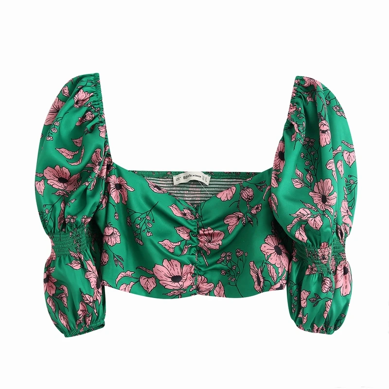 

Women Summer Top Floral Blouse 2020 New Fashion Short Puff Sleeve Square Neck Modern Lady Crop Top