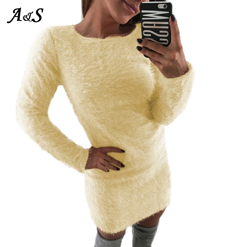 Женское облегающее платье свитер Anbenser мини с круглым вырезом и длинными рукавами