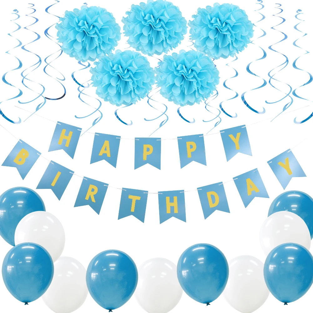 

39pcs Baby Shower Happy Birthday Decoration Set Blue Theme Boy Birthday Party Decor for Kids Birthday Ballloon Pom Flower