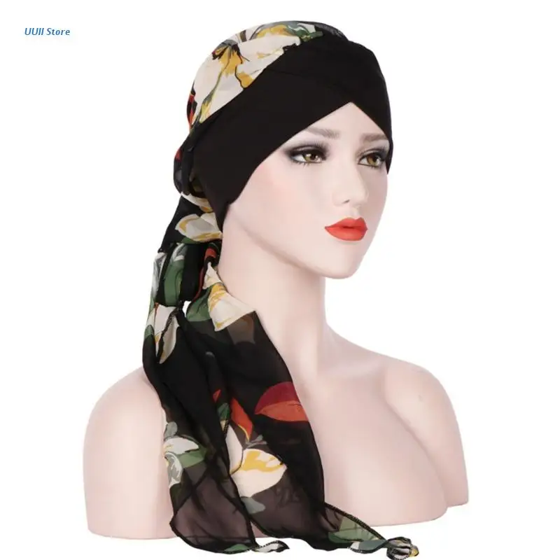 

Women Head Scarf Chemo Hat Muslim Turban Pre-Tied Flowers Printed Headwear Soft