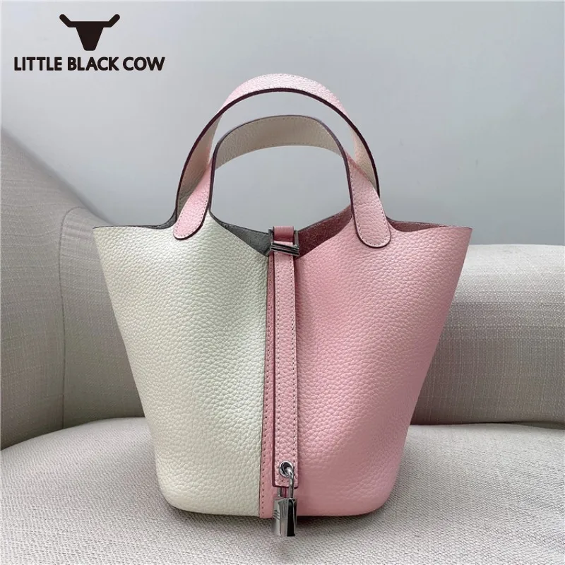 

2022 Brand Fashion Women Small Lock Bucket Handbag Colors Panelled Totes Ladies Mini Party Packing Cowhide Genuine Leather Bags