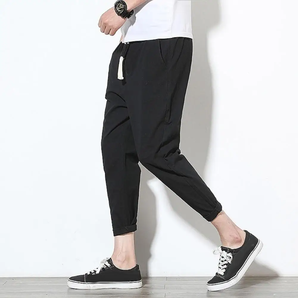 

Men Casual Solid Color Ankle Tied Pockets Drawstring Sports Long Pants Trousers Cotton Pants Men Casual Sports Pant