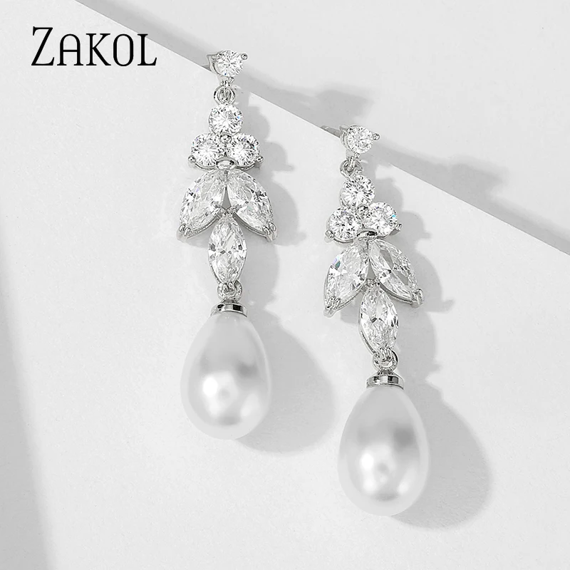 Женские серьги-подвески ZAKOL с белыми циркониевыми кристаллами модные свадебные