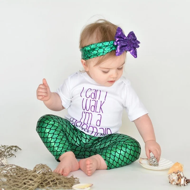 3Pcs Todderl Girl I Can't Wakl I'm a mermaid Letters short sleeve Tee Mermaid Pant + Headband Set For Baby Clothes Outfits | Детская