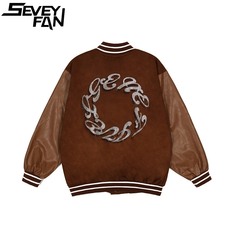 

Мужская модная куртка SEVEYFAN в стиле пэчворк из искусственной кожи с надписью Стразы мужская бейсбольная куртка свободного покроя