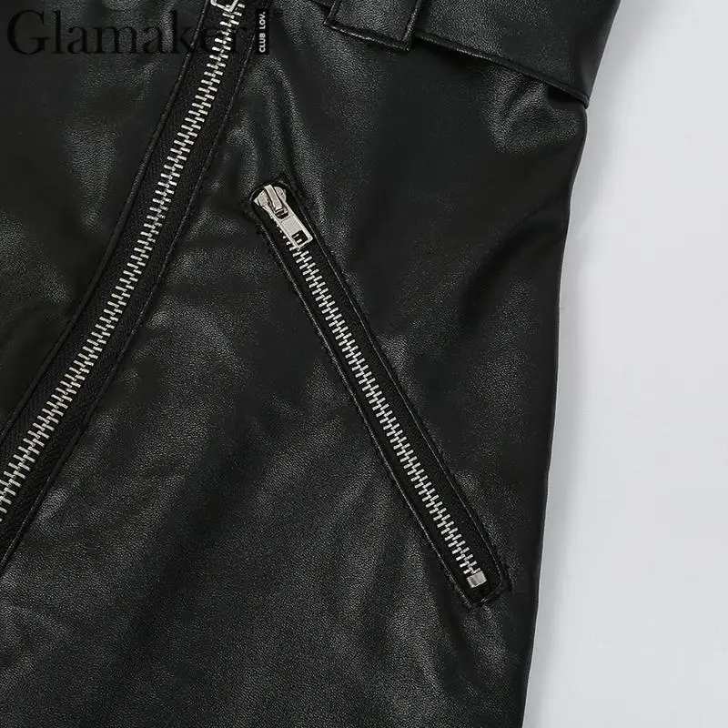 Glamaker из искусственной кожи, черное платье с открытыми плечами и ремнем, сексуальное Клубное облегающее платье на молнии, модные женские асимметричные платья с открытой спиной
