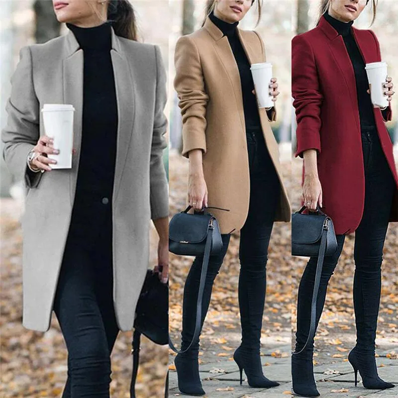 

2021 New Women Wool Coat Autumn Winter Fashion Long Sleeve Stand Neck Jackets Plus Size S-5XL Solid Vintage Female Overcoats