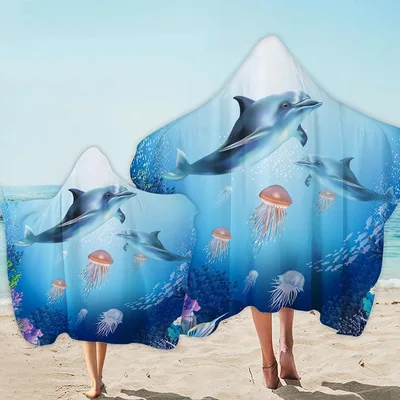 

Cute Dolphin Pattern Microfiber Beach Poncho Towel For Adult Kid Soft Quick Drying Wearable Bath Cloak Blanket Outdoor Towels