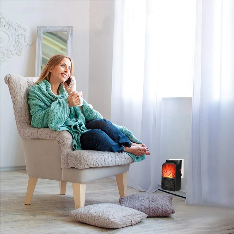EU Plug Heater Mini Fan with Overheat Protection 180° Rotation Electric Fireplace Flame Office Home Inte | Бытовая техника