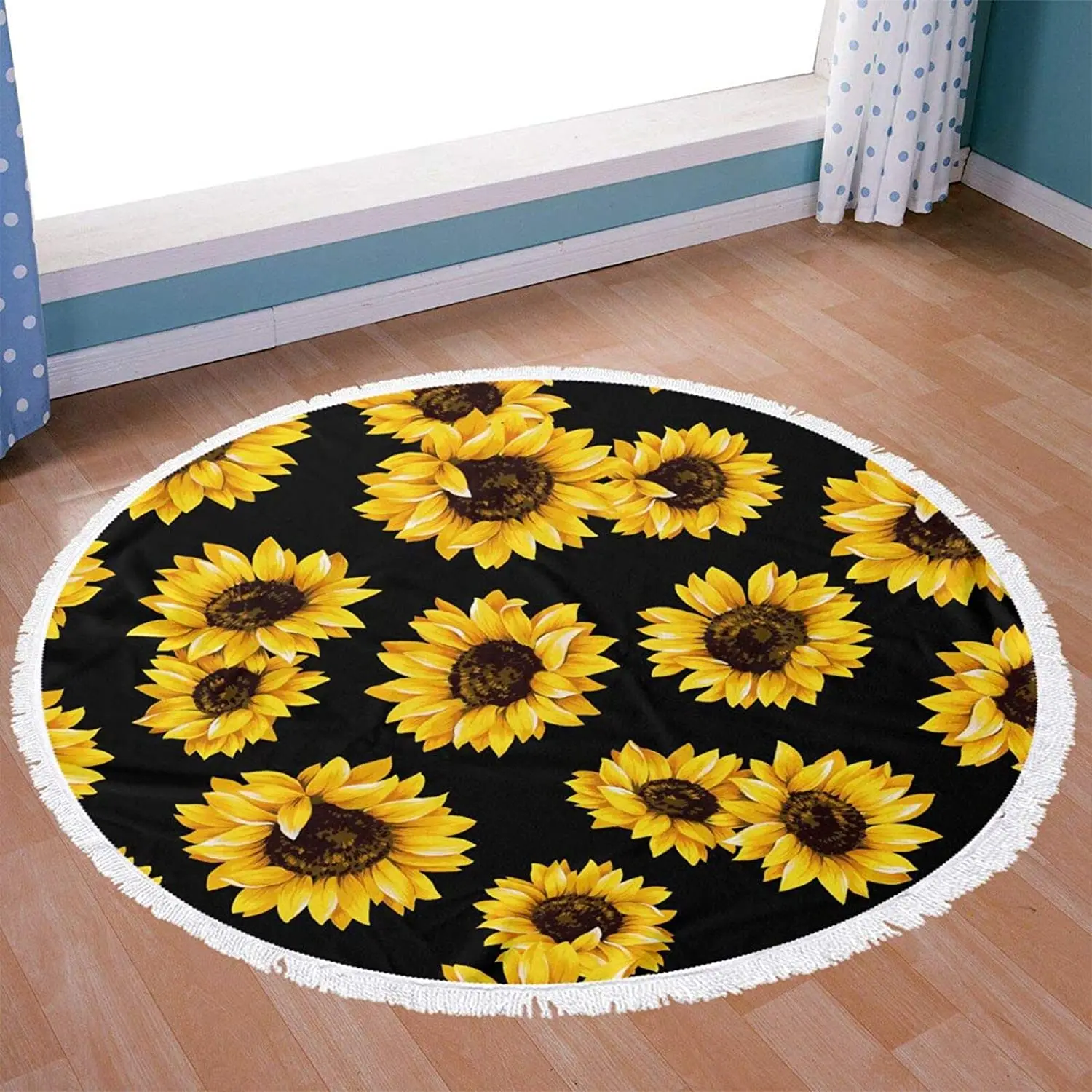구매 마이크로 화이버 라운드 비치 타월 59 인치, 숄 요가 매트 해바라기 패턴 서클 비치 매트, 태슬 포함 다목적 비치 타월