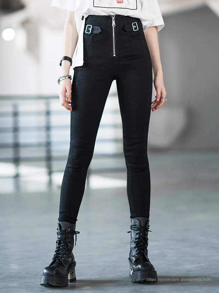 PUNK RAVE Girl's Punk Black Stretch Jeans Skinny Jeans High Waist  Personality Women Pencil Pants  Streetwear