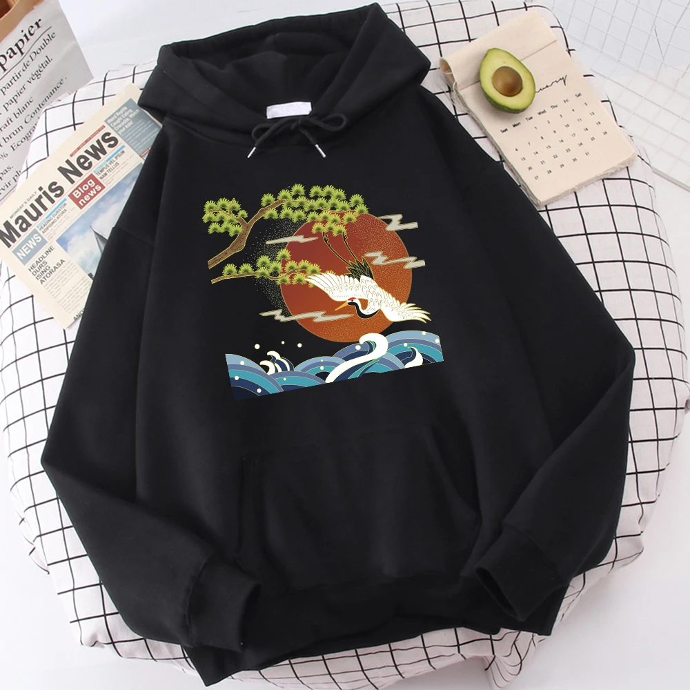 

2021 Warm Brand Male Hoodie Chinese Landscape Paint Crane Printed Sportwear Comfortable Casual Mens Hoodies Large Size Hoody