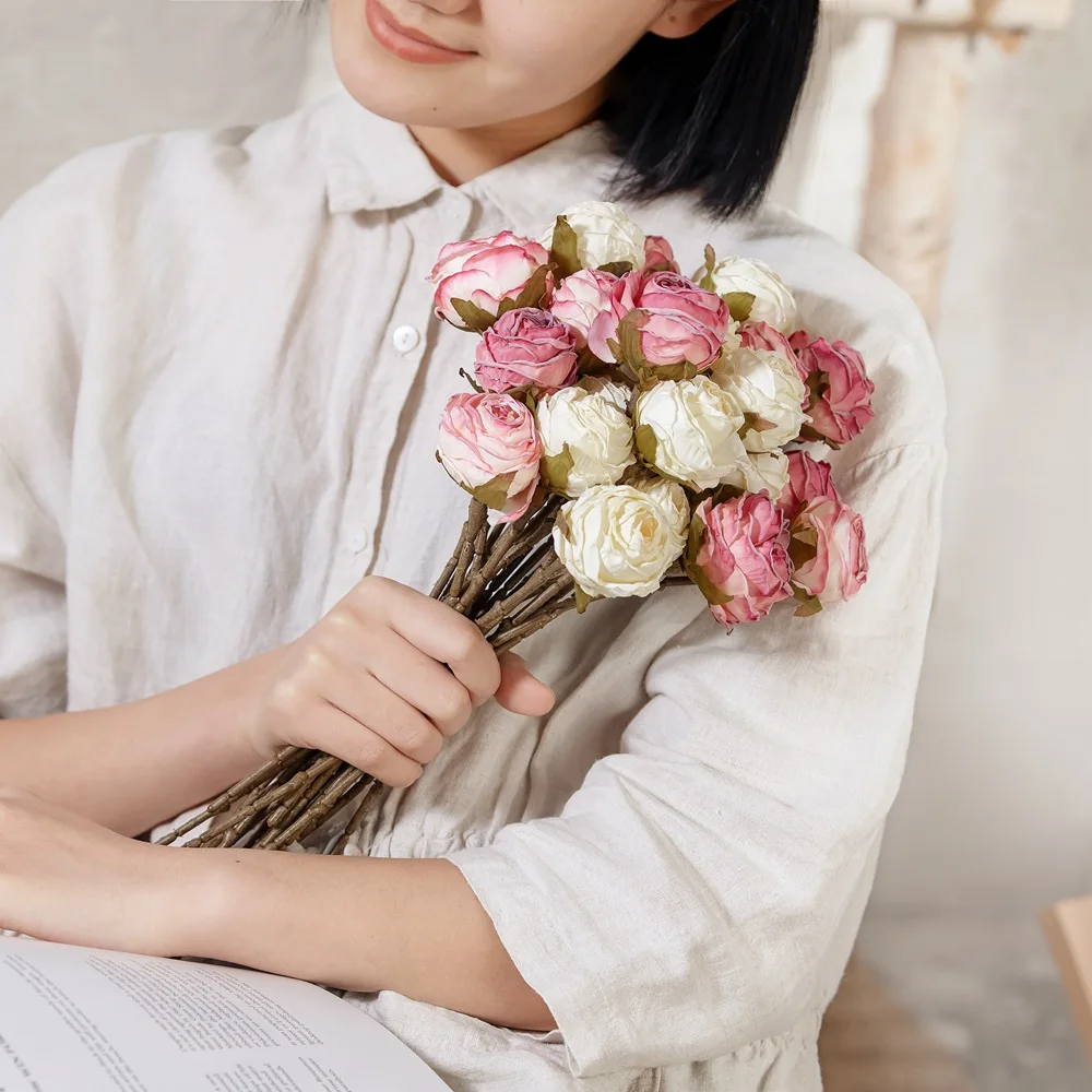 

Home Decoration Baked Edge Hand Written Rose Artificial Flowers Wedding Fall Decor Red Fake Crafts Bouquet