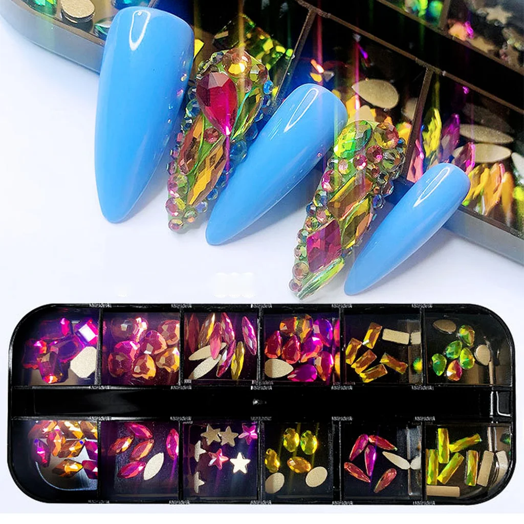

12 Grid/Box Set Nail Art Flat Bottom Shaped Diamonds Rhombus Crystals Stones Shiny Gems Manicure 3D Nails Decorations Supplies