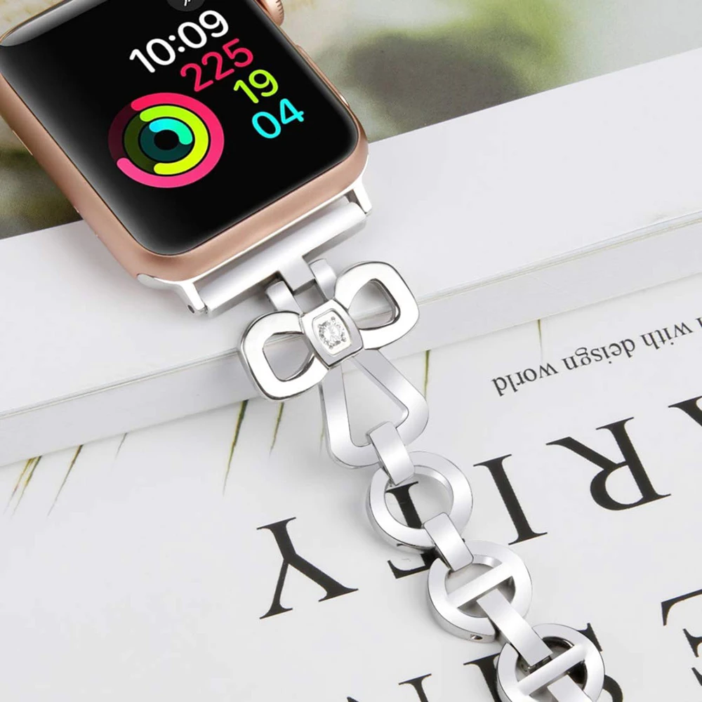 Металлический ремешок для Apple Watch 4 5 6 SE 7 40 44 мм 41 45 iwatch 3 2 38 42 Алмазный с бабочкой |