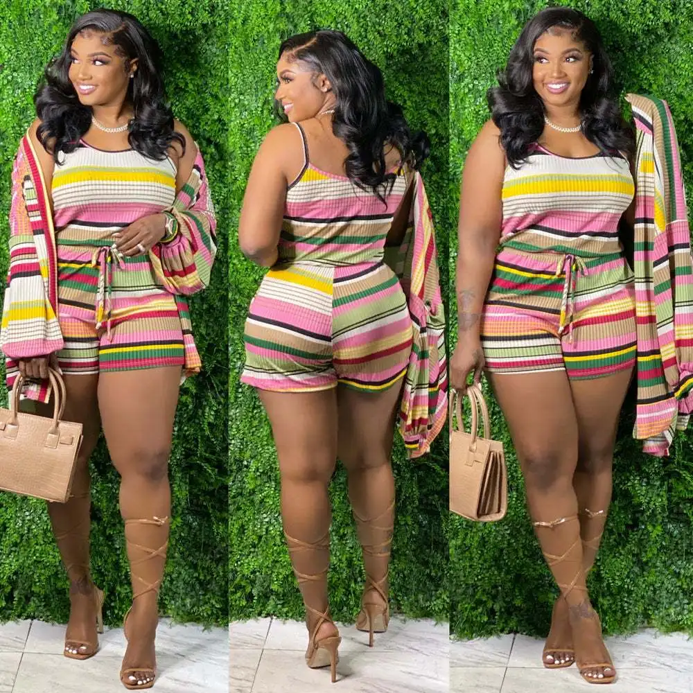 

Chocomist Two-pieces Casual Striped Print Strap Women Short Set (without coat) KK820