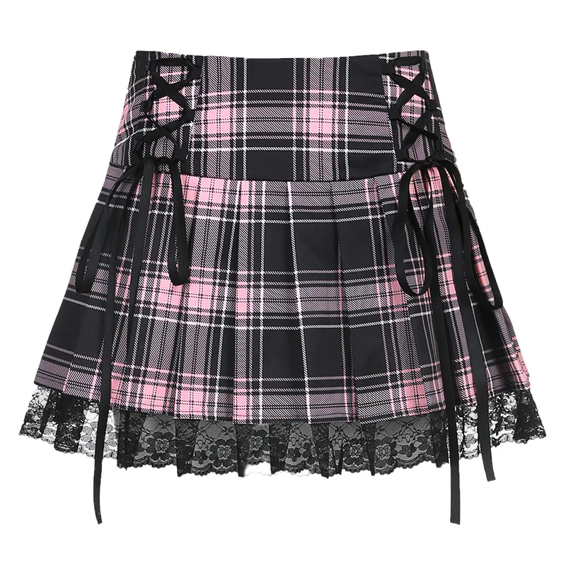 

Women's lace stitching contrast color pleated skirt tethered plaid skirt sexy short skirt