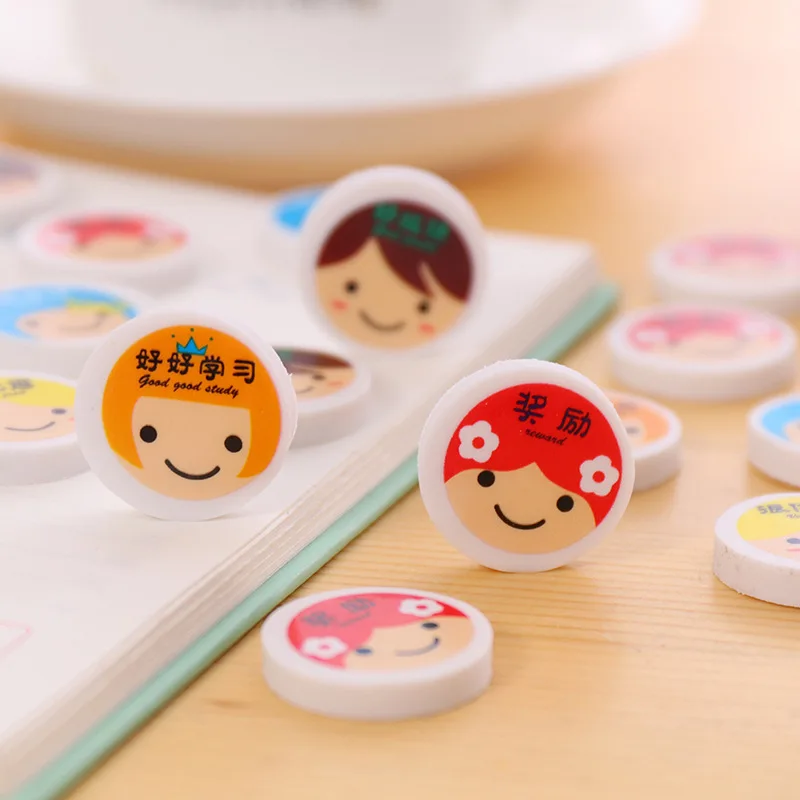 

5Pcs/Lot Cute Cartoon Smiley Face Rubber Eraser Kawaii Colored Round Pencil Eraser For Children Prize Office School Supplies