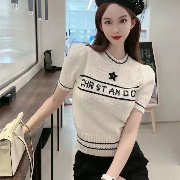 

High version ladies sweater 2021 new round neck five-pointed star letter jacquard sweater temperament all-match top