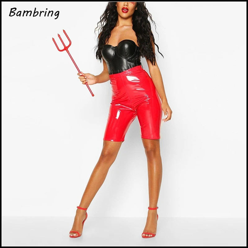 Женские черные сексуальные латексные шорты офисные повседневные эластичные